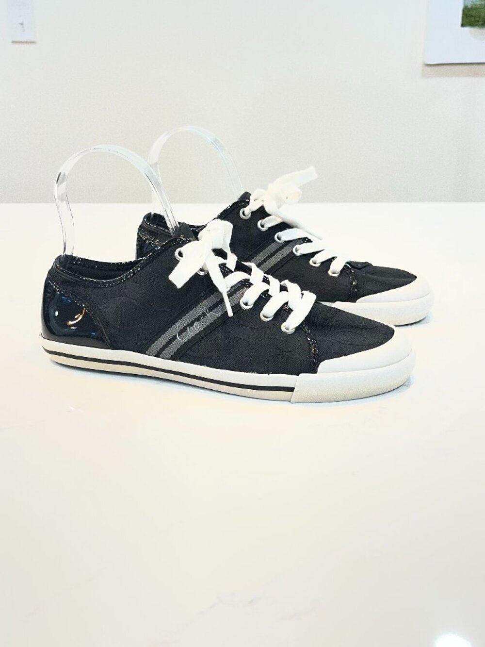 COACH Folly Sneakers Black Canvas & Patent Heel Size 9